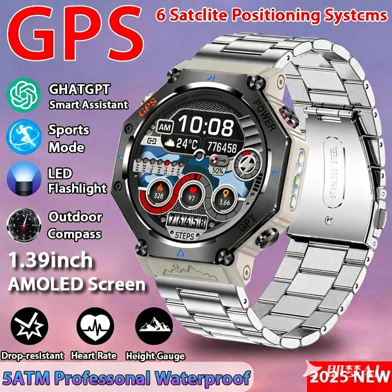 GPS Smart Watch ChatGPT AI 5ATM Waterproof Bluetooth Call Built-in Compass Altimeter Barometric Sport Watch with LED Flashlight