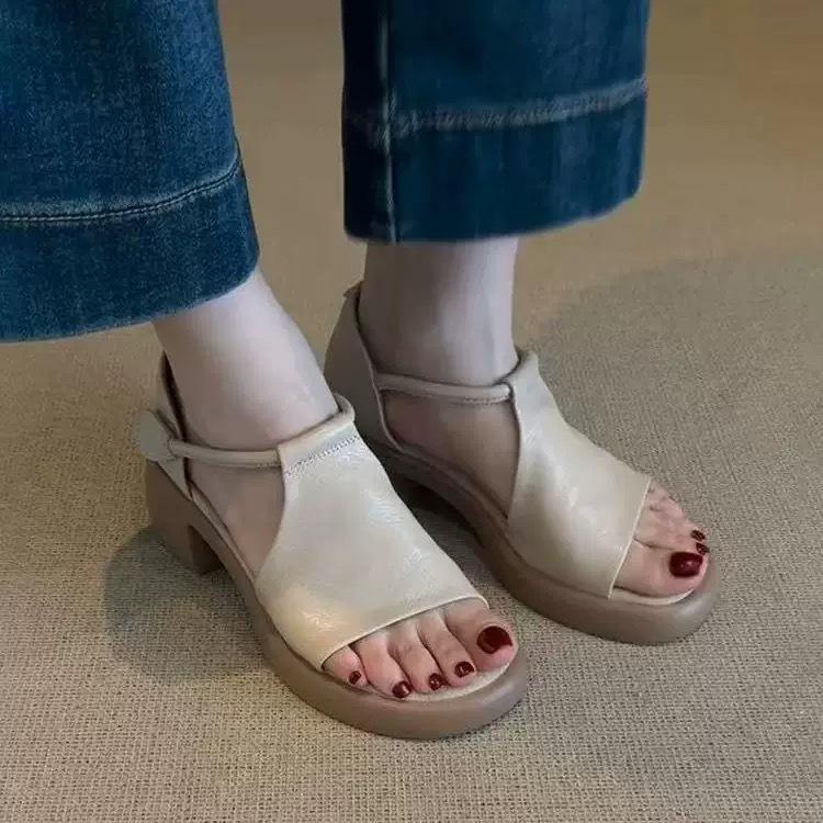 

Sheepskin version~ French retro platform thick heel leather sandals women s summer simple Velcro commuter open-toed Roman shoes 40