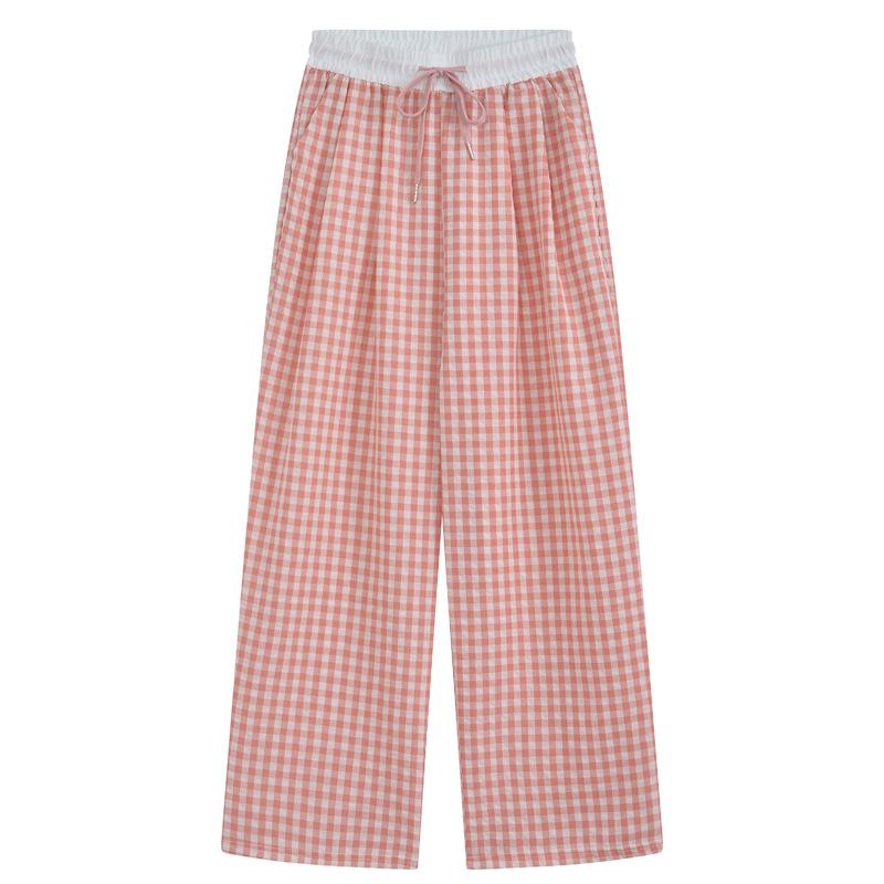 2025 Summer Women's Blue & White Check Fake Two-Piece Wide-Leg Casual Pants