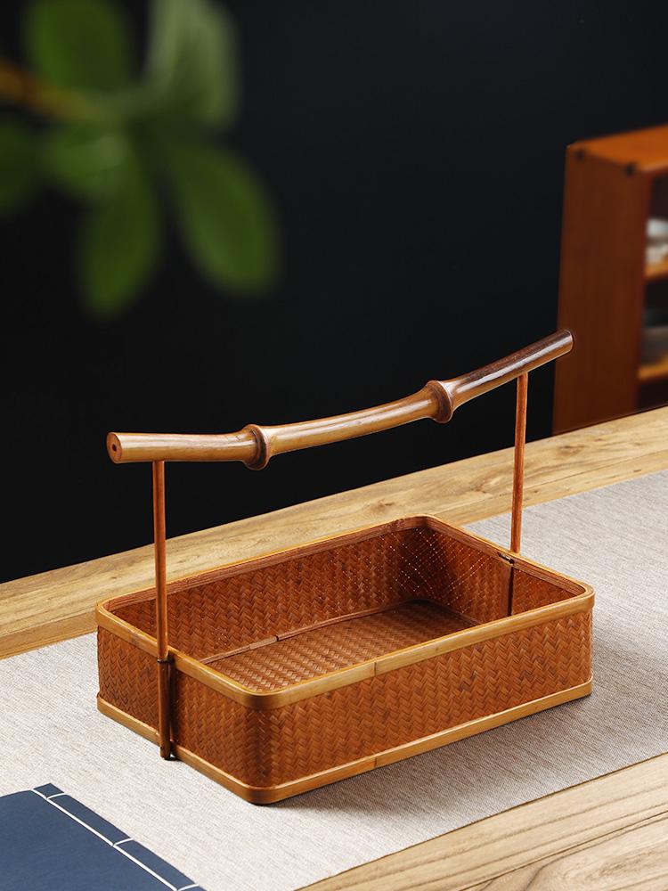 Handmade Bamboo Lacquered Basket - Chinese Retro Tea Set and Snack Organizer