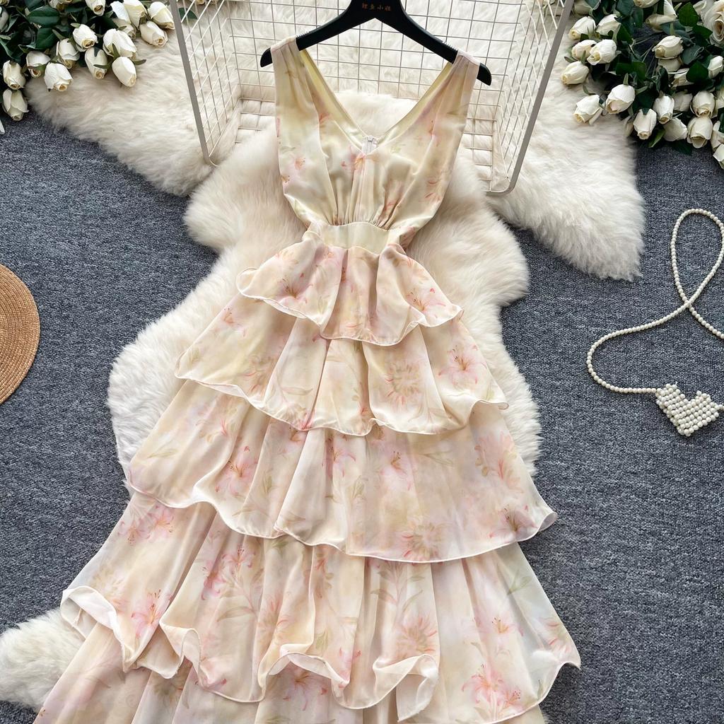 Summer Vacation Floral Printed Halter Chiffon Tiered Maxi Dress for Women Sexy V-Neck Backless Lace-up Ruffles Holiday Long Dress