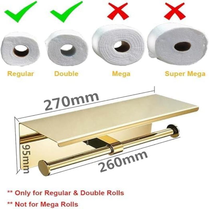 Wall Mounted 304 Stainless Steel Toilet Roll Paper Holder with Shelf, Double Roll Tissue Paper Holder