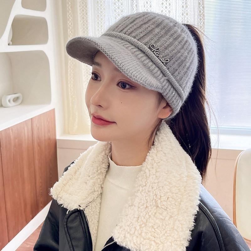 Autumn and winter versatile iron standard knitted rabbit wool hat women's fleece thickened warm ear protection duck tongue empty top hat