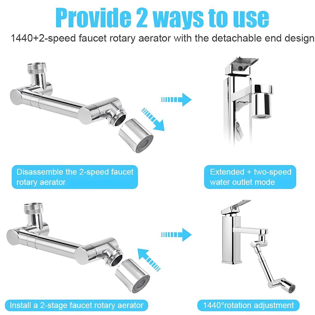 1080° Swivel Faucet Extender Sink Water Faucet Aerator 2 Mode Splash Water Kitchen Bathroom 360°Rotatable Spray Attachment