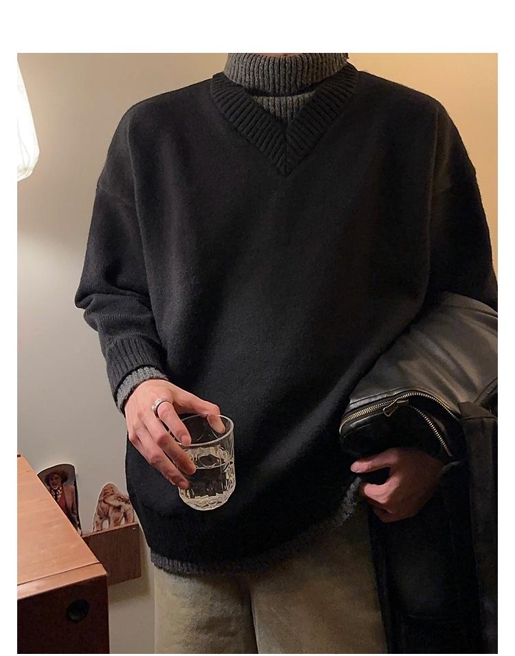 Winter Men s High-Neck Patchwork Sweater - Korean Style Two-Piece Look Medium чёрный