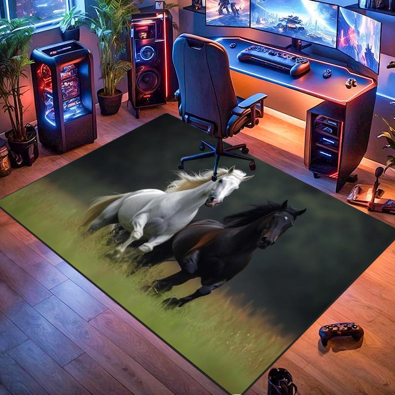 Black And White Running Horses Grassland Oil Painting Area Rug Wildlife Animal Non Slip Rectangular Floor Mat Horse Lover Gaming Bedroom Decor Rug