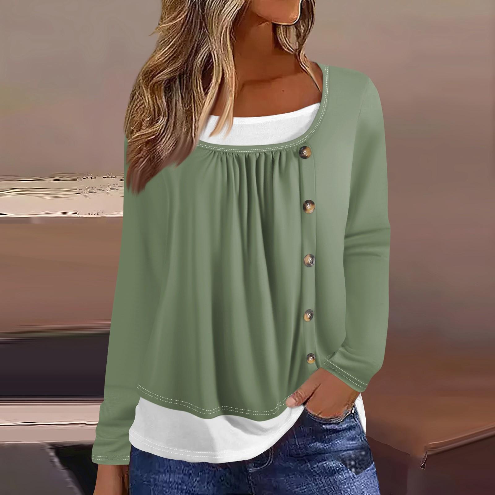 

Женская футболка с принтом, длинный рукав, поддельные две части, повседневная мода на выходные, базовый обычный топ L армия зеленый