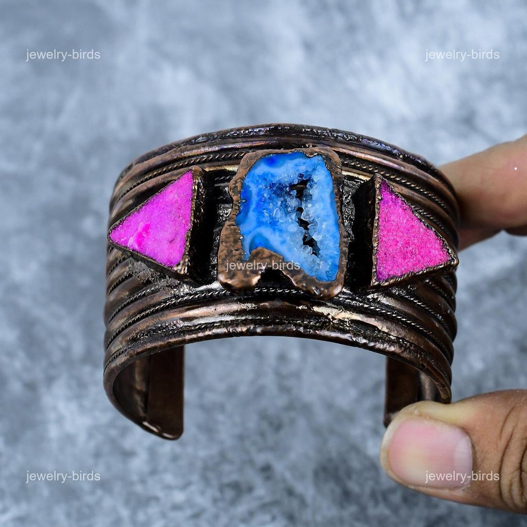 Pierre de Quartz Solaire Bleue Cuivre Nouveau Électroformé Cadeau pour Femme Bracelet Manchette d'Anniversaire VP-126