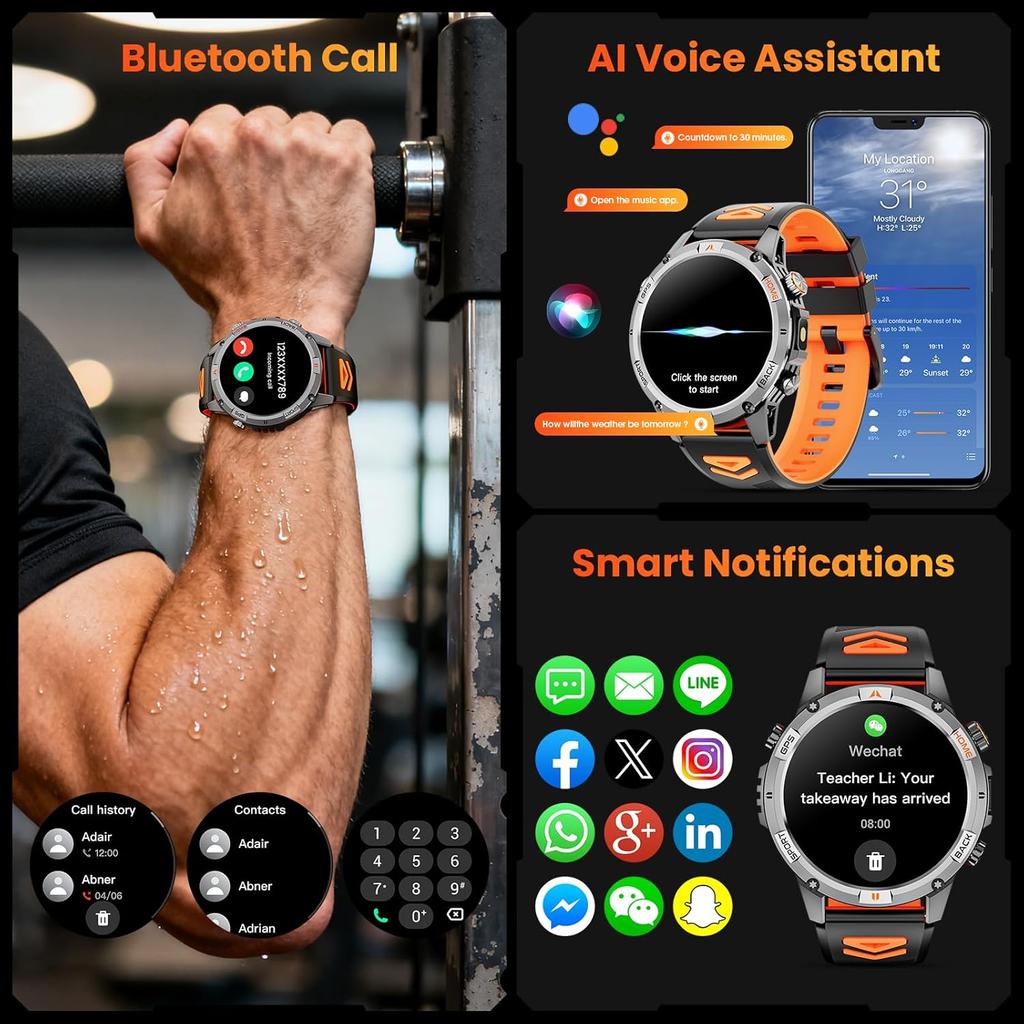 New Adventure GPS Map Navigation Smart Watch AMOLED Screen 10ATM Waterproof Clock Compass Flashlight BT Call Smartwatch Men