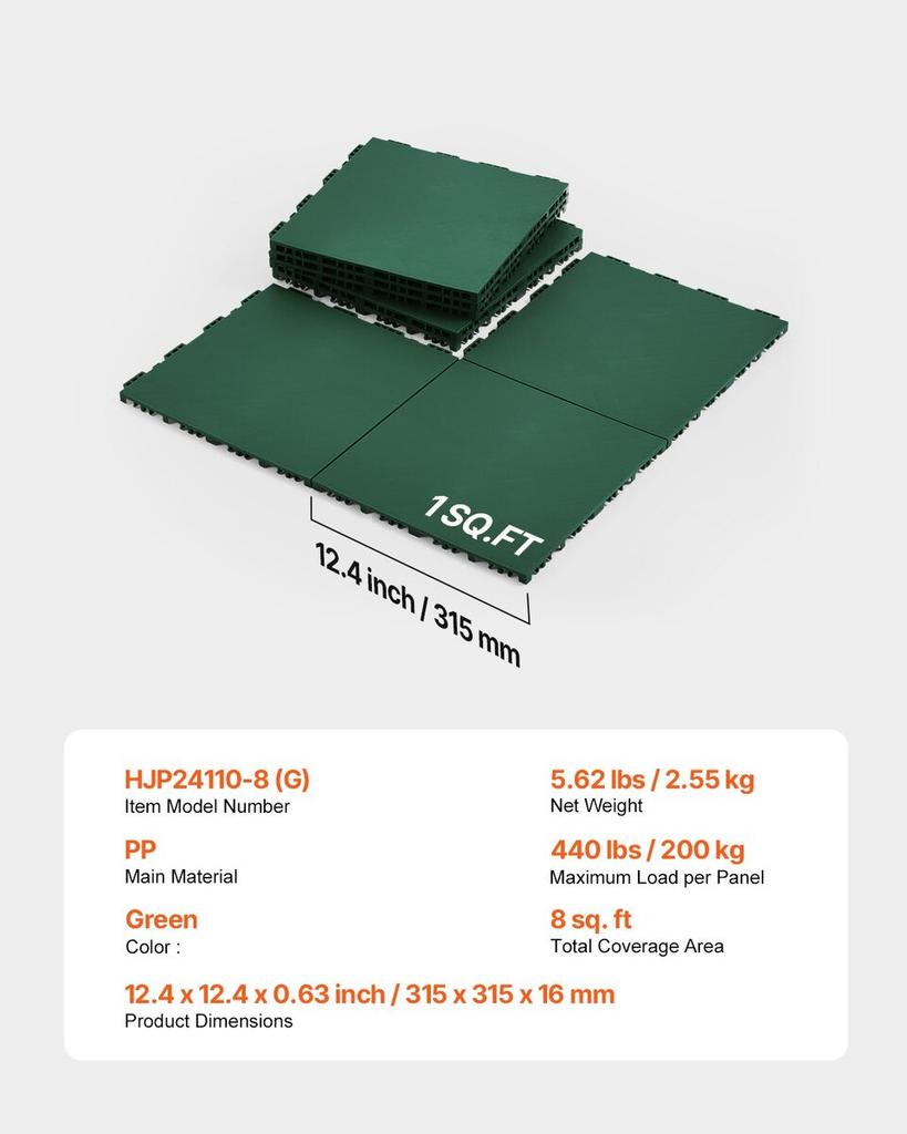 Gym Flooring Set 8 PCS Interlocking PP Puzzle Tiles Green
