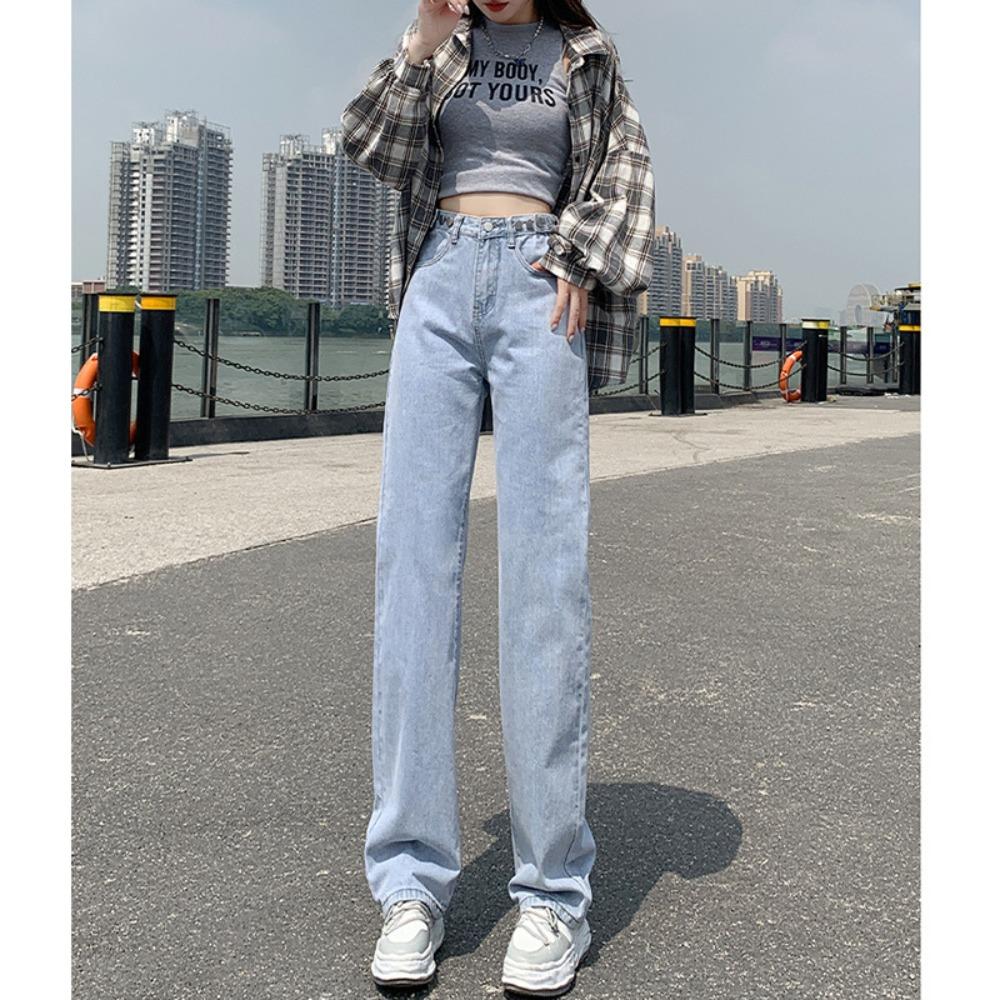 

Универсальные джинсы с высокой посадкой, широкими штанинами и прямыми штанинами для женской весны и осени, новые джинсы прямого кроя, свободные, подметающие пол 2XL светло-синий