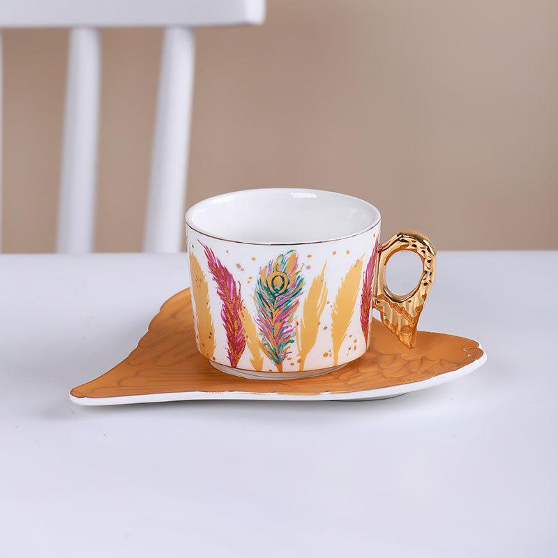 European-style Ceramic Feather Coffee Cup Set Afternoon Tea Set Latte Flower Mug Dish Home Mug Set Home Decorative Drinkware