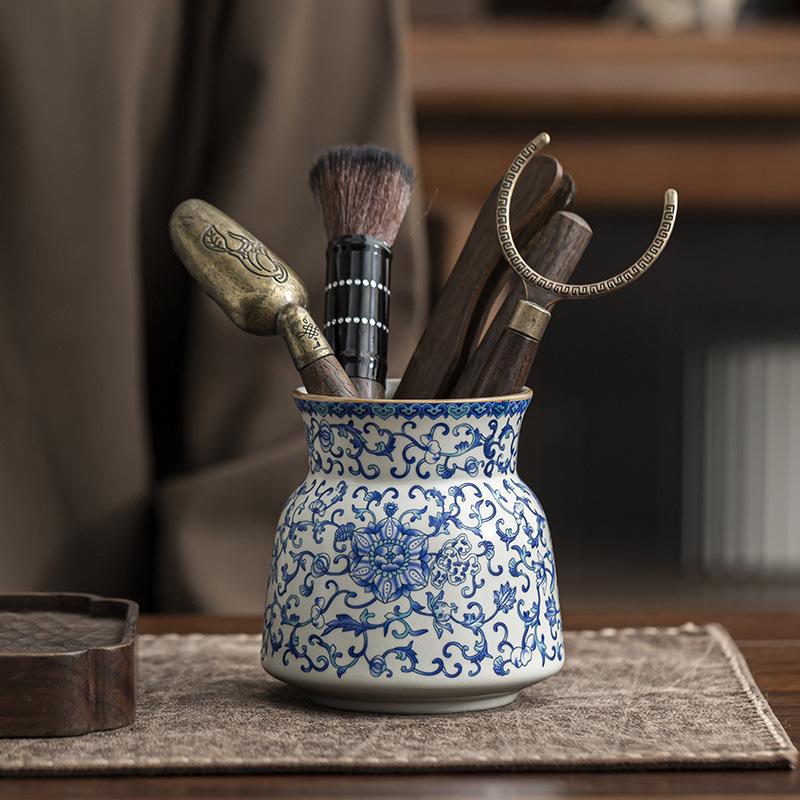 Ru Kiln Twisted Branch Lotus Tea Ceremony Six Gentlemen Set Tea High-grade Ceramic Storage Tube Tea Ceremony Zero with Tea Clip Tea Spoon