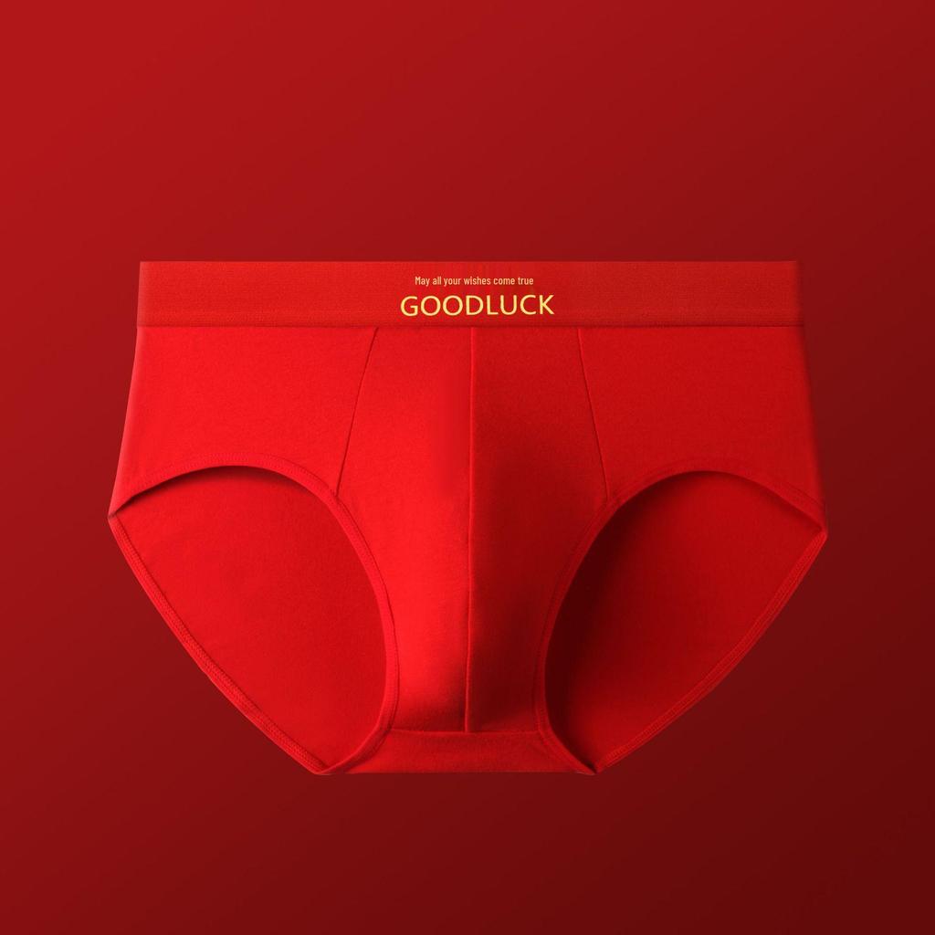 Year of the Rat Men's Cotton Mid-Waist Breathable Red Underwear for Weddings