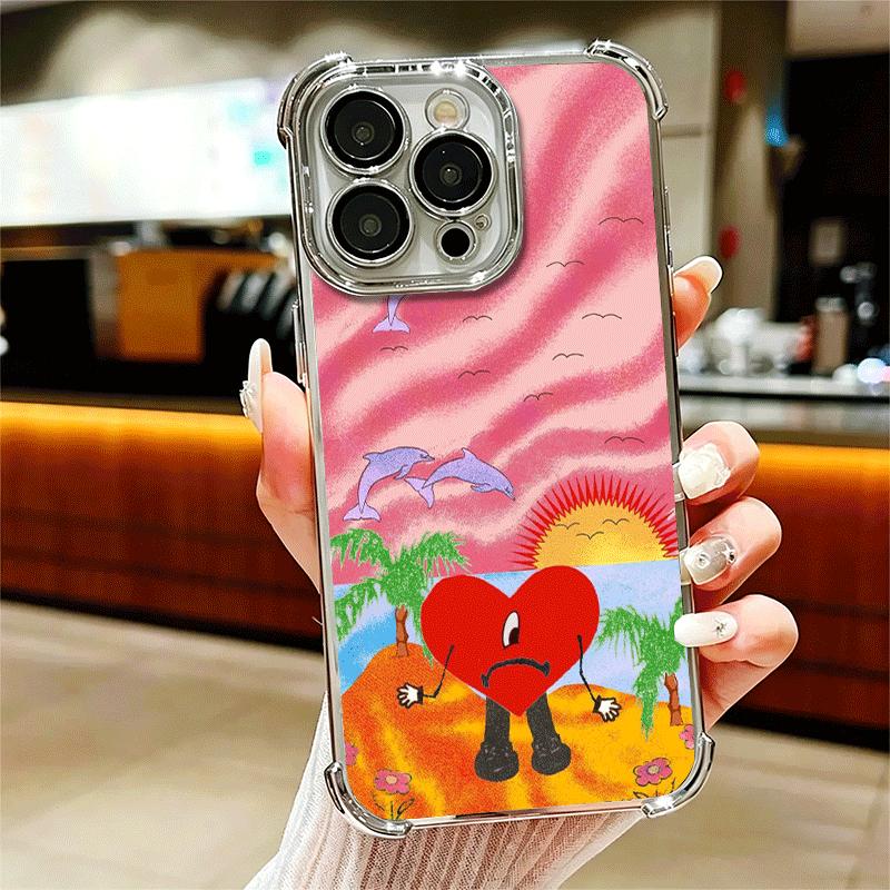 Bad Bunny Heart Plating Phone Case For Iphone 16 17 Pro Max Air 16E 14 15 Plus 12 13 Mini Anti-Fall Airabag Cover