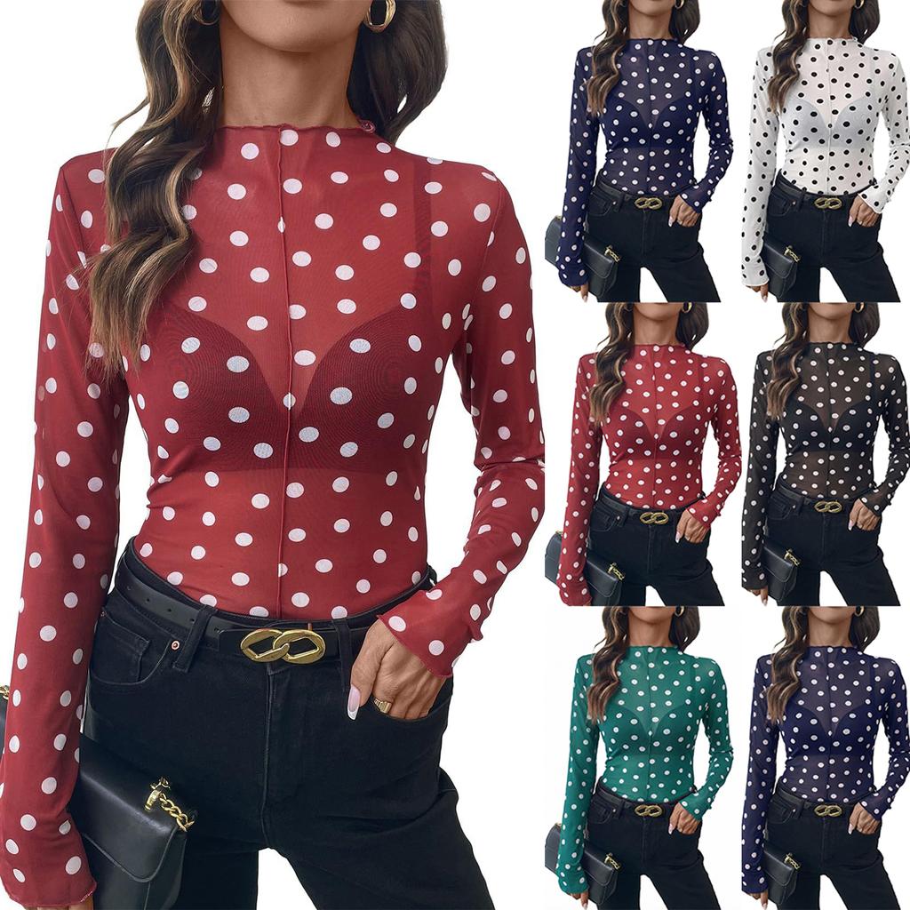 Women Semi Sheer Mesh Polka Dot Long Sleeve Mock Neck Top Lightweight Stretchy Fitted T Shirt Blouse for Layering