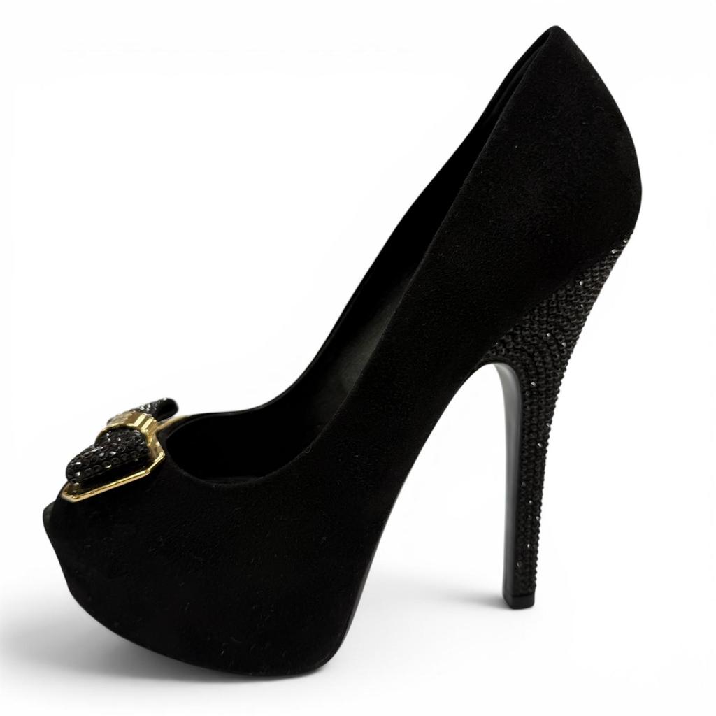 Great LOUIS VUITTON pumps LV Metal Ribbon Rhinestone Suede Leather black 35.5 Used