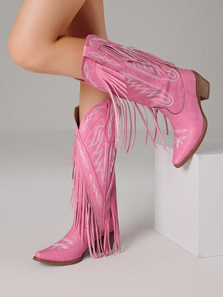 Fashionable Casual Western Boots For Women Tassels Embroidered Block Heel Boots High Heels Slip-On Vintage Women's Boots