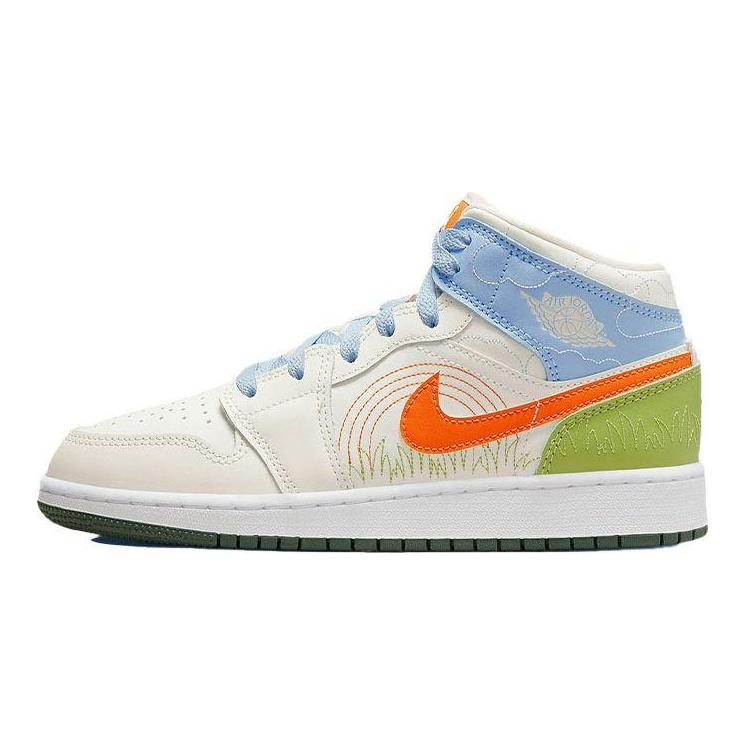 Pantofi de sport pentru copii Air Jordan 1 Mid SE GS Stitch, crem Sail Psychic-Albastru DX2462-100