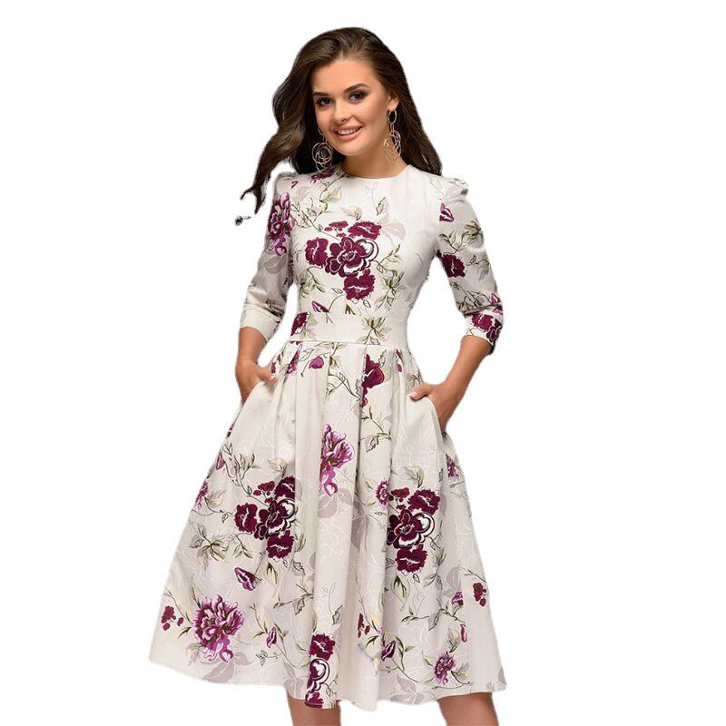 2022 A-line Retro Floral Dress for Women - Three-quarter Sleeve, Round Neck, Autumn/Winter Collection