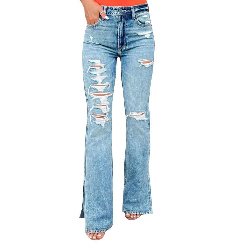 New Women's Jeans High-waisted Ripped Pants Slightly Split Trousers