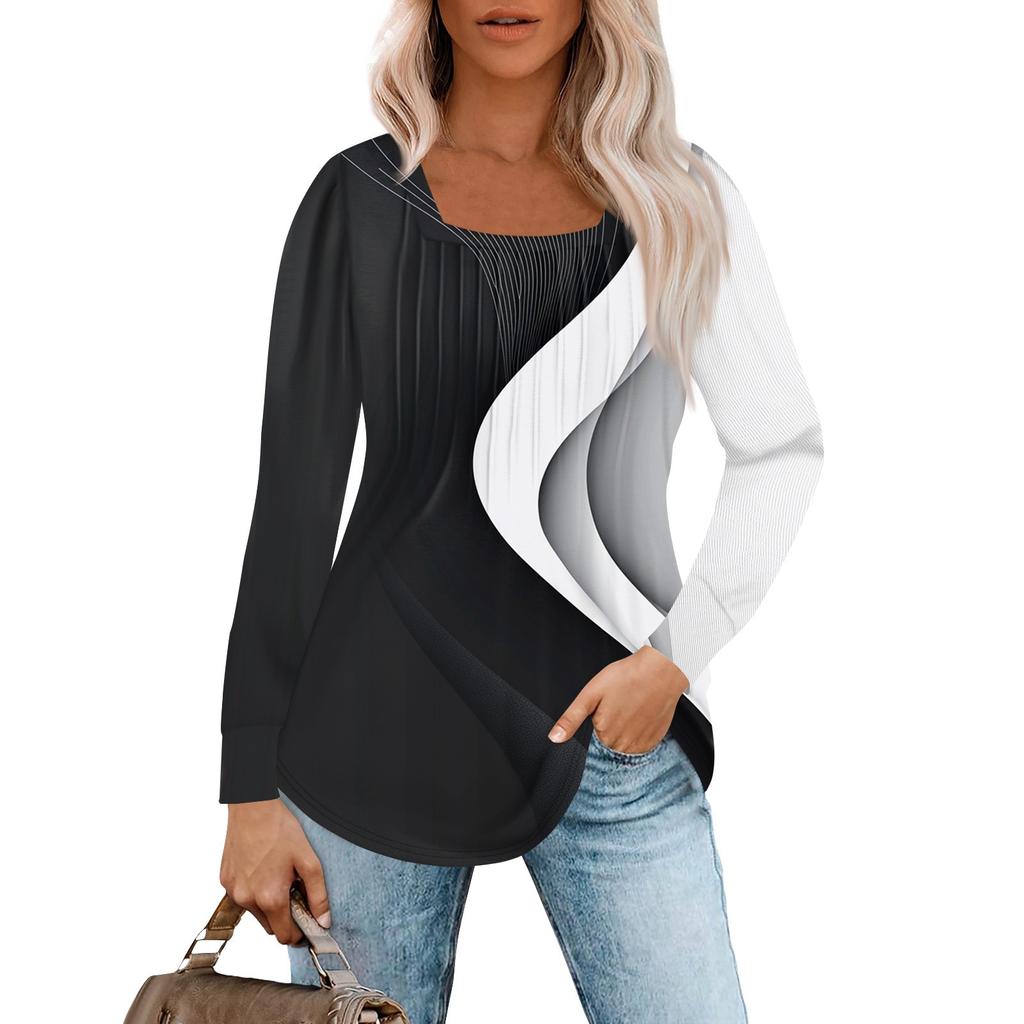 Long Sleeve Shirts For Women Tops Dressy Casual Blouses Pleated Square Scooped Neck Tunic Tops