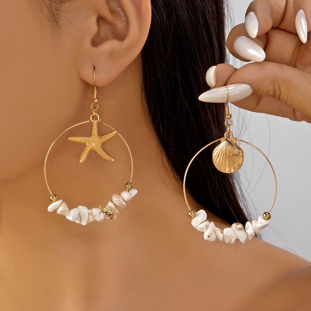 Asymmetrical starfish shell colorful gravel large circle earrings, summer dopamine sweet vacation wind beach earrings