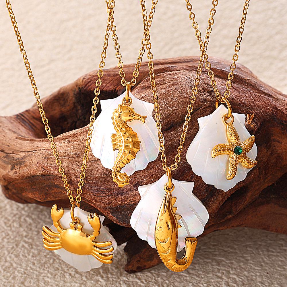 Starfish & Seahorse Stainless Steel Necklace with White Shell