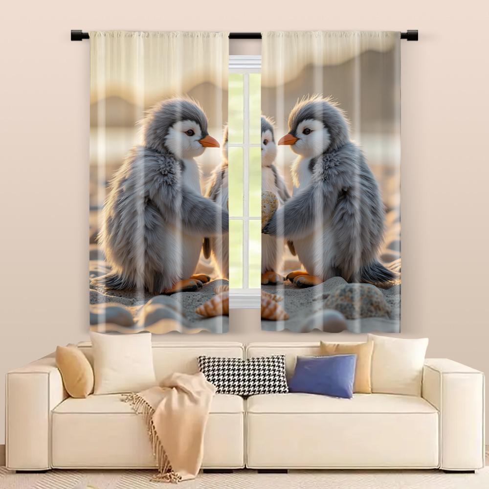 Set Of 2 Filtering Curtains Excluding Rods Non Movable Without Batteries Adorable Penguins Starfish Use Bedrooms Curtain Polyester Perfect For Bedroom