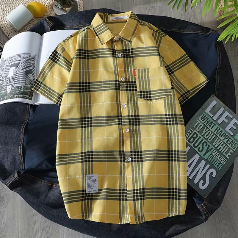 

Мужская модная летняя клетчатая рубашка с коротким рукавом свободного кроя в корейском стиле L