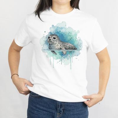Seehund Aquarell Unisex T-Shirt, Niedliches Seehund-Shirt, Leoparden-Seehund Liebhaber Grafik-T-Shirt