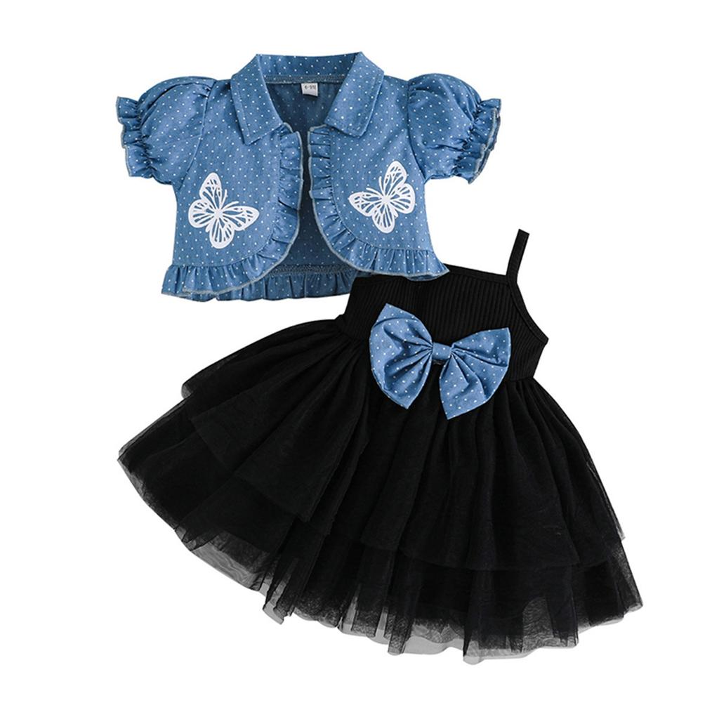 Toddler Girl Summer Outfits Tulle Spaghetti Strap Bow A Line Dress with Dot Butterfly Print Short Puff Sleeve Cardigan