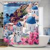 Elegant Mediterranean Dream Cathedrals Shower Curtain For Home Decor - Vibrant Blue Domes And Floral Scenery Elevate Space