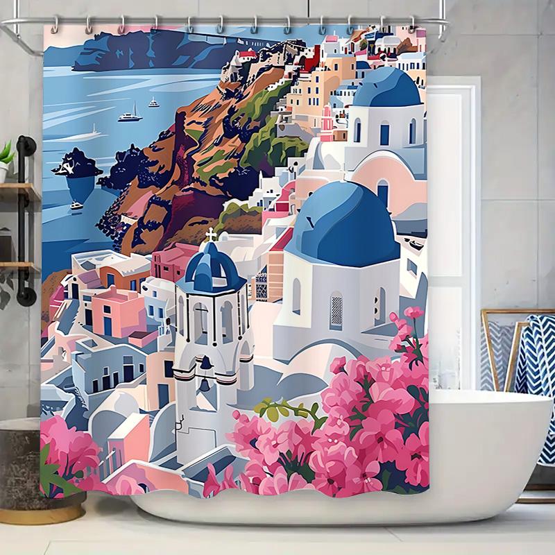 

Elegant Mediterranean Dream Cathedrals Shower Curtain For Home Decor - Vibrant Blue Domes And Floral Scenery Elevate Space W60H190(CM)-1 Pcs