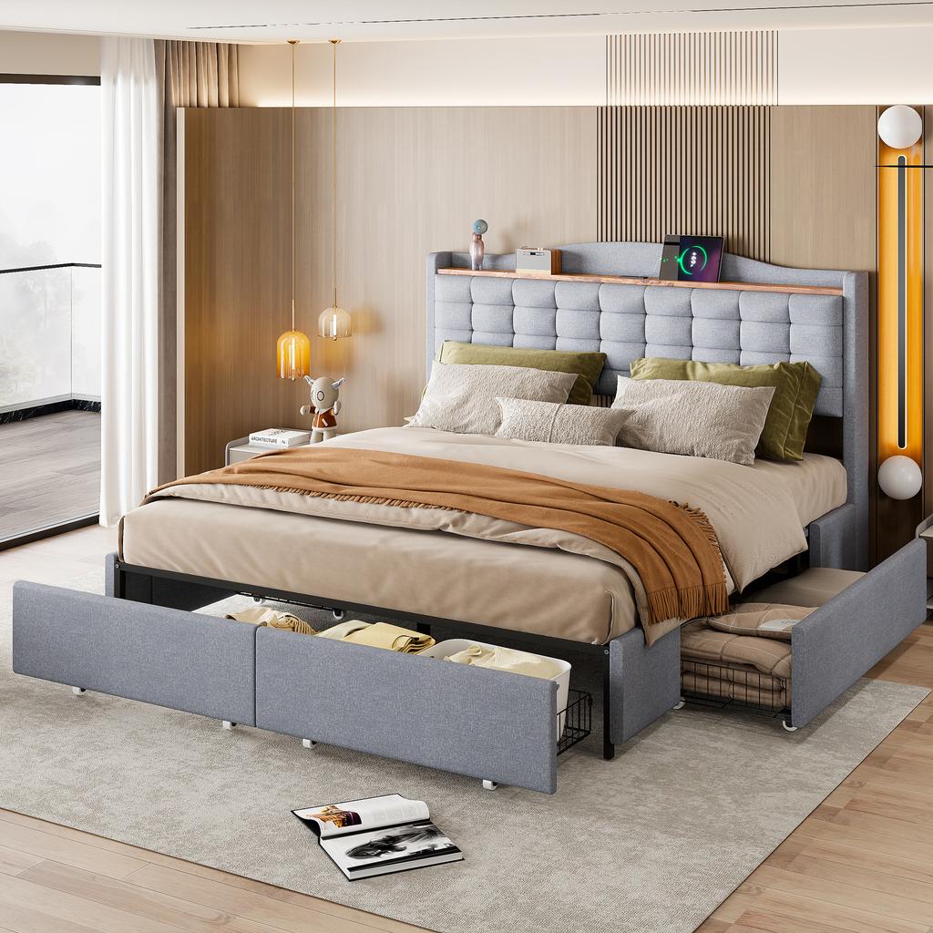 Cama Estofada 160*200 cm, Mesa de Cabeceira com Porta de Carregamento USB e Prateleira, Cama de Casal Plana com 4 Gavetas, Tecido de Linho Cinza
