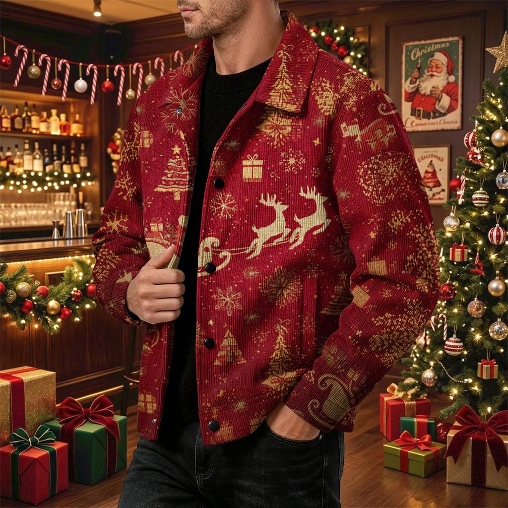 Men's Casual Loose Fit Long Sleeve Lapel Collar Jacket with Christmas Print for Fall