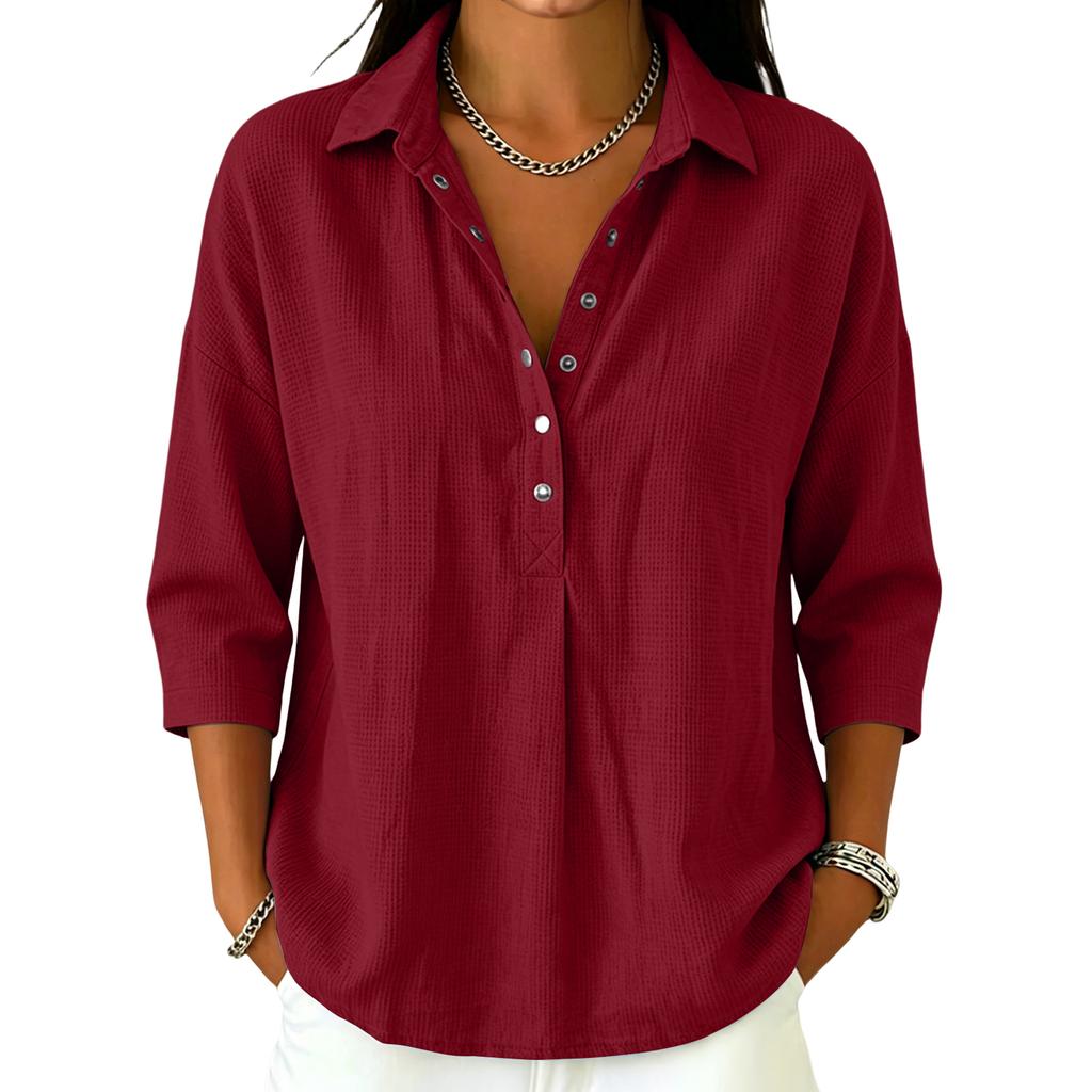 Women's Casual V Neck Button Down Waffle Knit Top Three Quarter Sleeve Relaxed Fit Lightweight Shirt for Everyday Wear