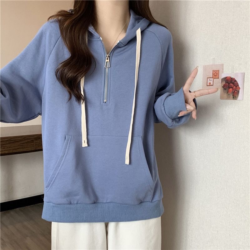 With Hat Hoodies Women Pure Color Chic Kangaroo Pocket Leisure Drawstring Zipper Autumn Trendy Newly Simple All-match Loose Kpop