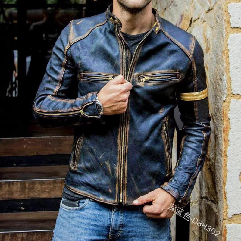 Fall Men's Vintage Leather Slim Stand-Up Collar Double Zip Youth Jacket Punk Bike Leather Jacket