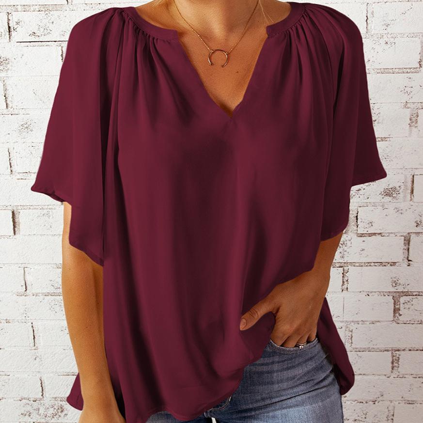 Summer Women Fashion Solid Color Chiffon T-shirt Loose Folds Casual Top