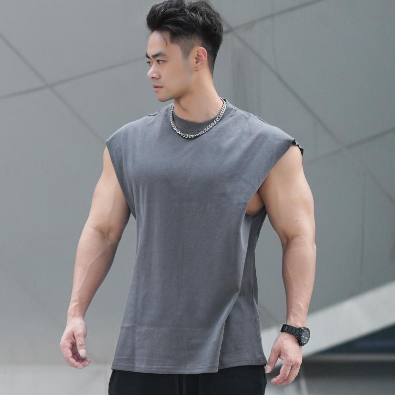New Sports Vest Men'S Loose Summer Pure Cotton Fitness And Bodybuilding Quick Drying Sleeveless Shoulder White Base Shirt Sleeveless T-Shirt