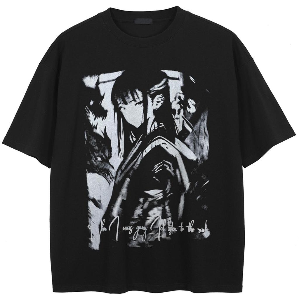 Streetwear Japonské Anime Grafické Tričko Bavlna Prané Černé Tričko Unisex Vrcholy Trička Krátký Rukáv Tričko