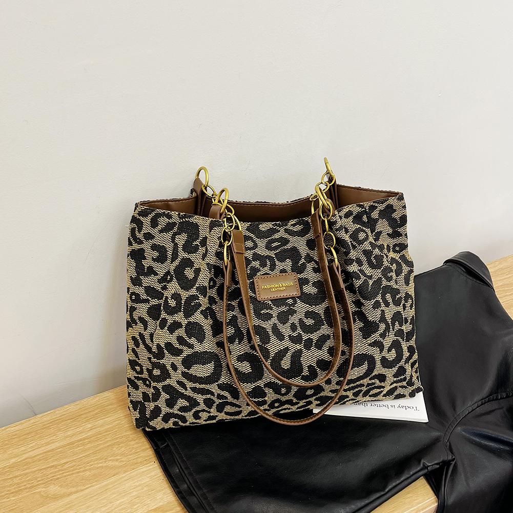 

Leopard Print Canvas Shoulder Bag Women Tote Bag Multi-Pockets Handbag with Zipper for School Work Shopping чёрный