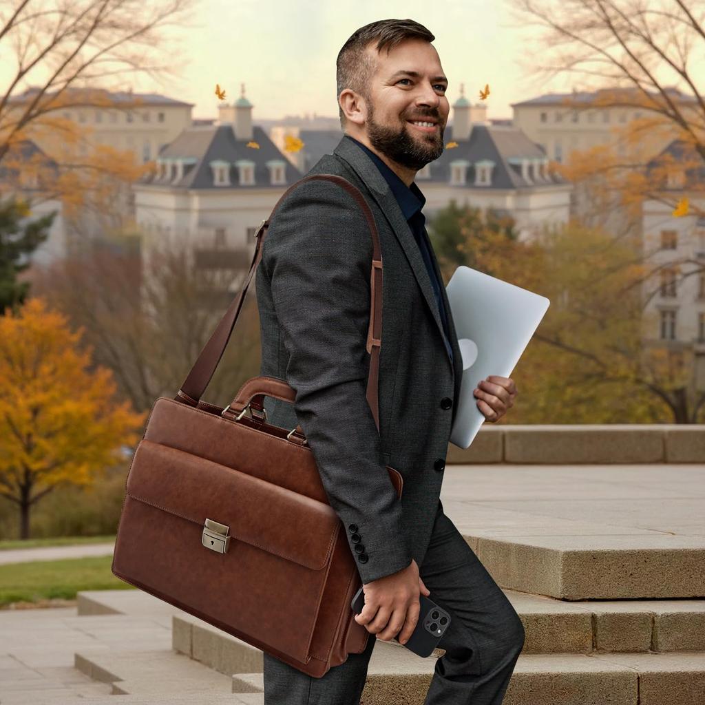 Vannus Herren Aktentasche aus echtem Leder, Italienisches Leder, Großes Fassungsvermögen, Stehend, Passt für 15,6-Zoll-Laptop, Braun