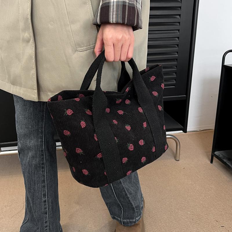 Corduroy Printed Tote Bag Versatile Ladies Strawberry Printed Handbag Large Capacity Handbag Bag