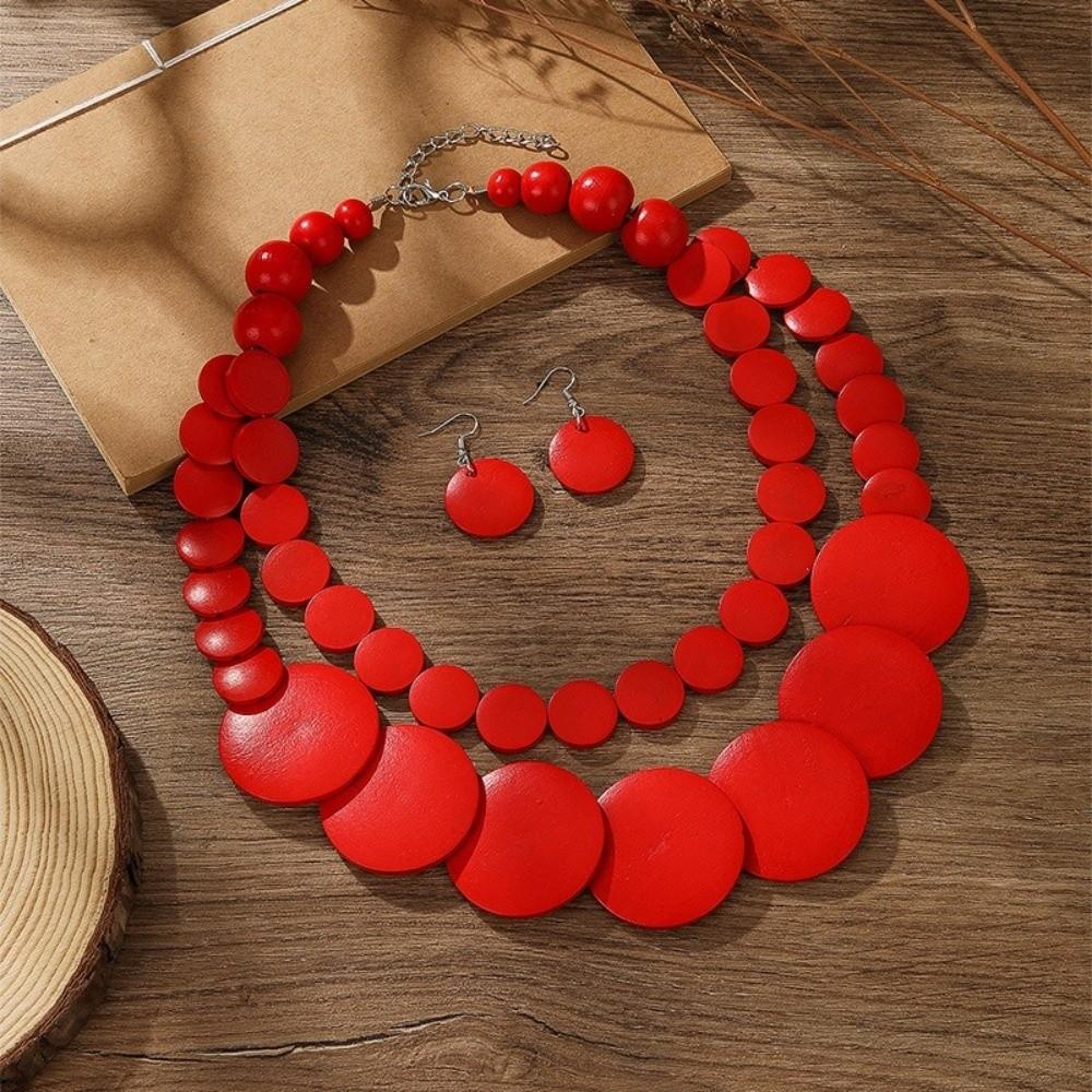Double-layer Wooden Beaded Necklace Chunky Round Necklace Exaggerated Jewelry Set Beach