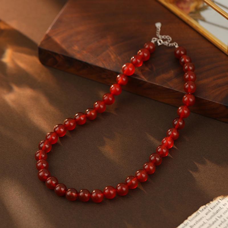 Banyan Tree S925 Silver Red Agate Beaded Necklace - Handmade Chinese Retro Clavicle Chain for Women