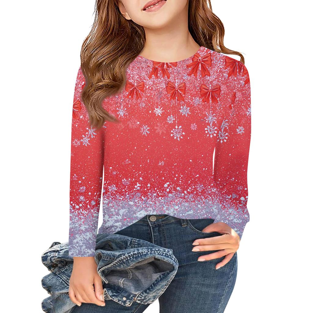Christmas Day Girls Long Sleeve T Shirts Kids Fall Tops Crewneck Printed Basic Tees