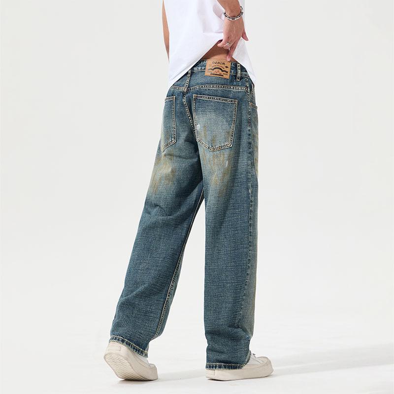 

Новые весенние джинсы мужские классические с горизонтальным бамбуковым узором свободные прямые широкие грязные штаны 4XL синий