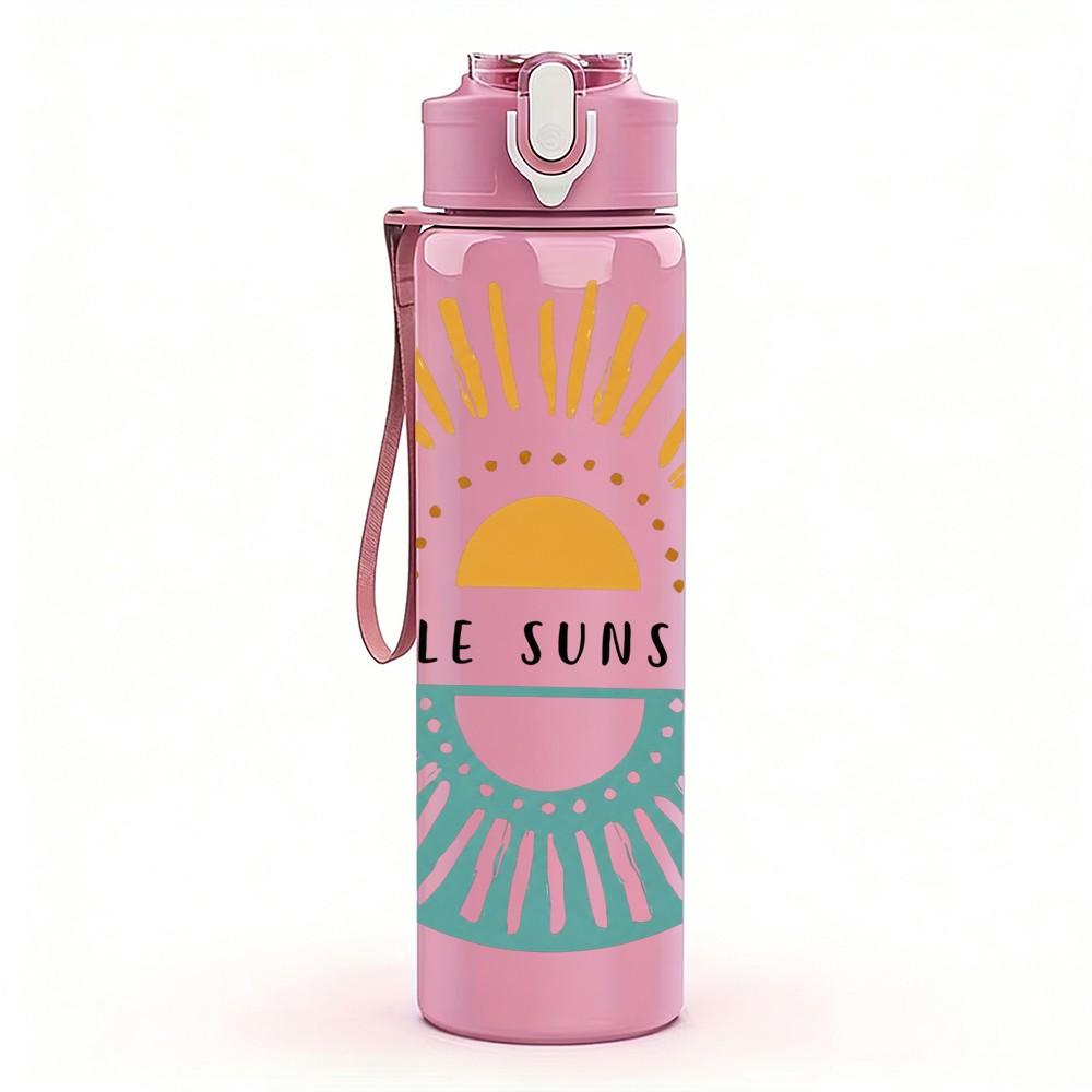 1PC Retro Sun Badge Art 750ml Color Plastic Sports Water Bottle Leakproof Flip Straw Lid Suitable for Sports Office Home Use